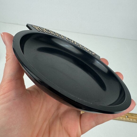 Vintage Black Plastic Round Pocket Change Collect Dish Trinket Gold Accent READ - Picture 5 of 11